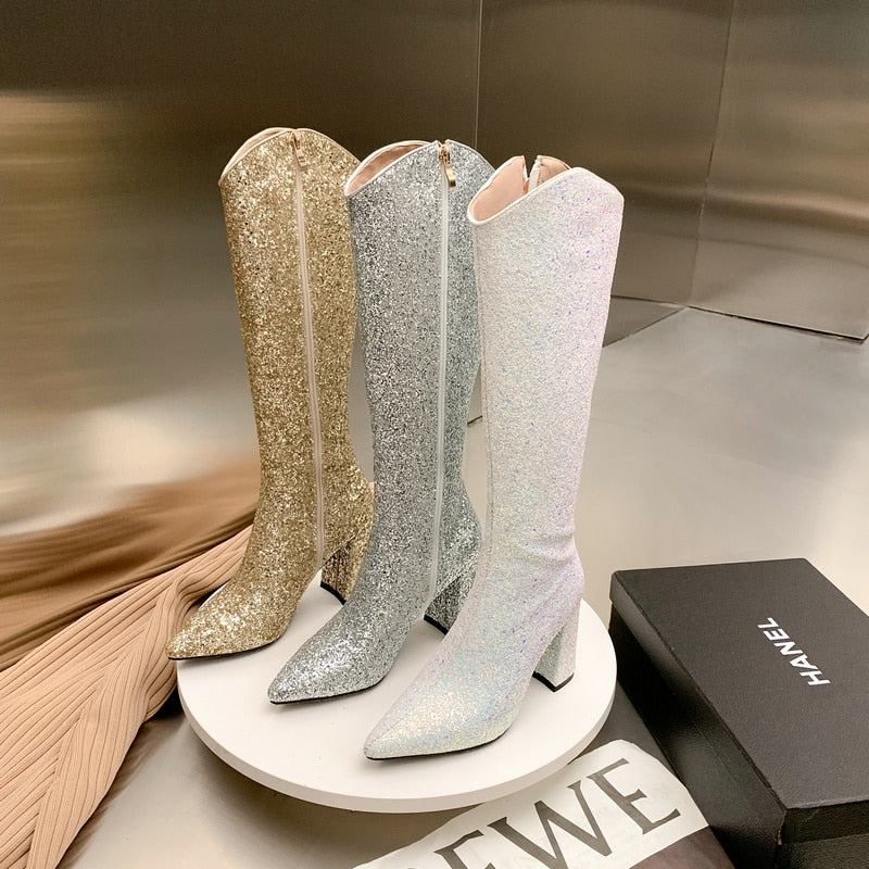 Advbridge Women Knee High Boots Square High Heel Pointed Toe Ladies Calf Boots Sequin Cloth Side Zipper Dress Women's Boots Big Size