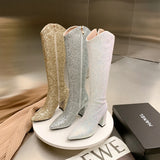 Advbridge Women Knee High Boots Square High Heel Pointed Toe Ladies Calf Boots Sequin Cloth Side Zipper Dress Women's Boots Big Size