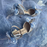 Advbridge Retro Court Style Elegant Cosplay Lolita Tea Party Girl Blue Gem Pearl Lace Bow Strap 8.5cm Flower Wedding High Heeled Shoes