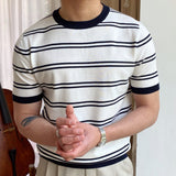 Advbridge Trend Splicing Striped Tee Shirt Men Short Sleeve Business Office Crew Neck Summer Breathable Tshirt Camiseta Manga Corta Hombre
