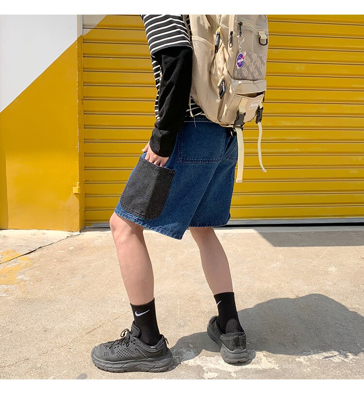 Advbridge Mens Patchwork Color Denim Shorts Streetwear Bermuda Male Multi-Pockets Casual Half Jean Summer Fashion Cargo Shorts Men