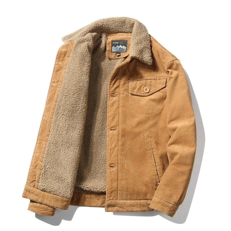 Advbridge Men's Winter Button Jacket Plus Velvet Overcoat Corduroy Tooling Casual Parka Korean Fashion Solid Color Cotton Jackets