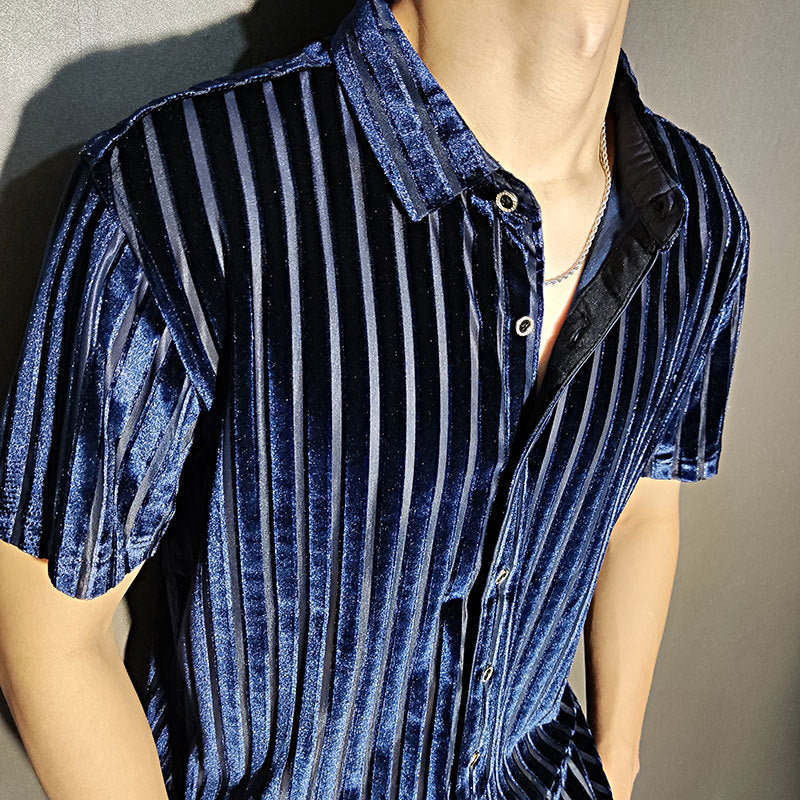 Advbridge High Quality Shirt Trendy Transparent Blue Stripe Shirt Men Sexy Velvet Shirt Men Short Sleeve Clothing See Through Social Club