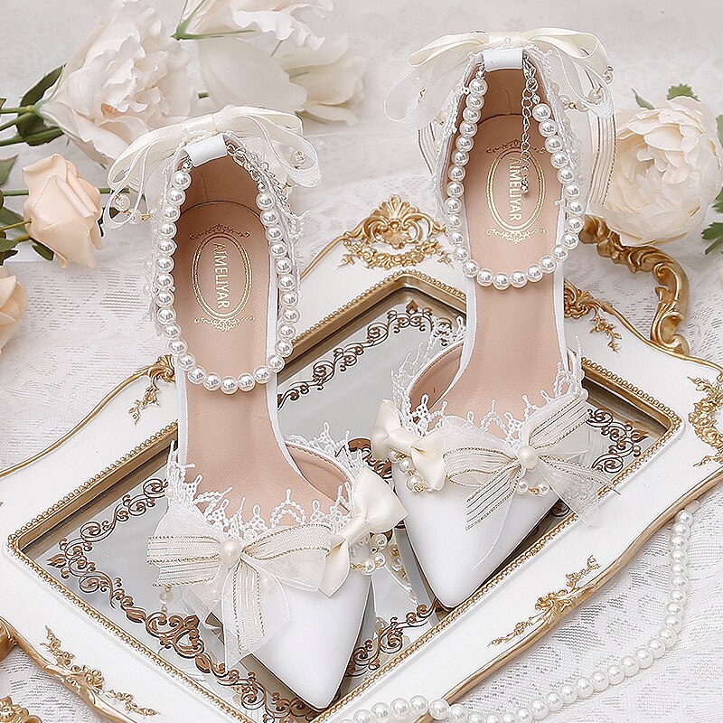 Advbridge Lolita Wedding Dress Bridal Shoes Pearl Crystal Wristband Girl Flower Wedding Lo Shoes White Bowknot French Women's Shoes