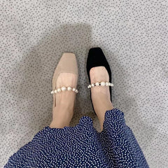 Advbridge Square Toe Pearl One Word with Mary Jane Shoes Women's New Suede Shallow Mouth Comfortable Flat Shoes