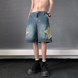 Advbridge Patch embroidered denim shorts for men's summer American high street capris casual breeches loose fitting youth pants