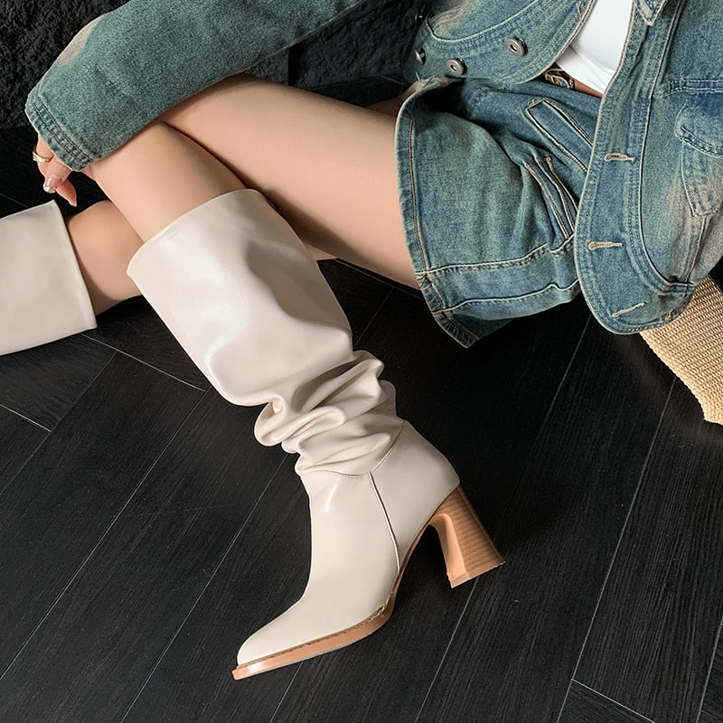 Advbridge Autumn Winter New Arrival Women Knee High Boots Fashion Mixed Colors Genuine Leather Thick Heels Square Toe Shoes Woman