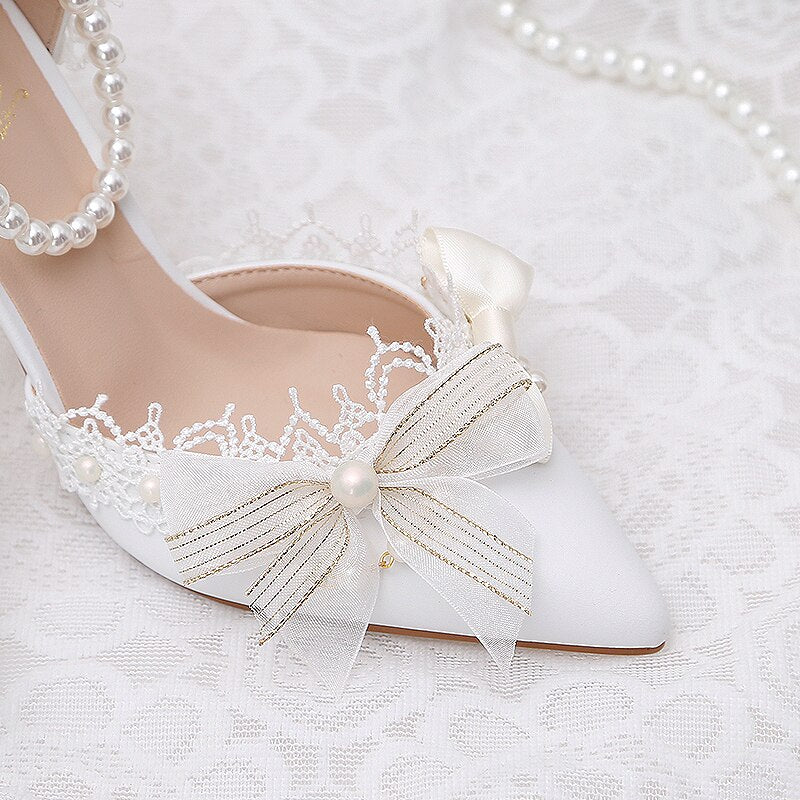 Advbridge Lolita Wedding Dress Bridal Shoes Pearl Crystal Wristband Girl Flower Wedding Lo Shoes White Bowknot French Women's Shoes