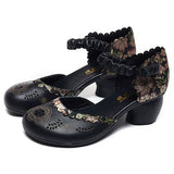 Advbridge Genuine Leather Retro Thick Heel Women Sandals Closed Toe Button Hollow Out Gladiator Sandals Luxury 5cm Shoes For Lady