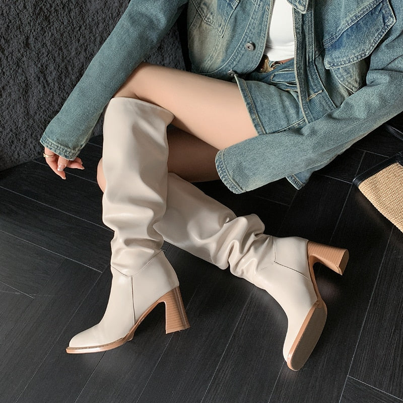 Advbridge Autumn Winter New Arrival Women Knee High Boots Fashion Mixed Colors Genuine Leather Thick Heels Square Toe Shoes Woman