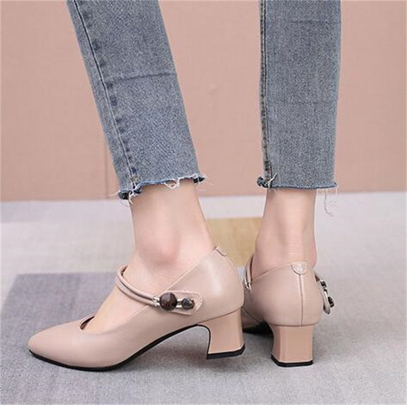 Advbridge  High-quality Cowhide Pointed Shallow Mouth Women Pumps Thick Heel Shoes Work Office Banquet Leather Shoes Large Size