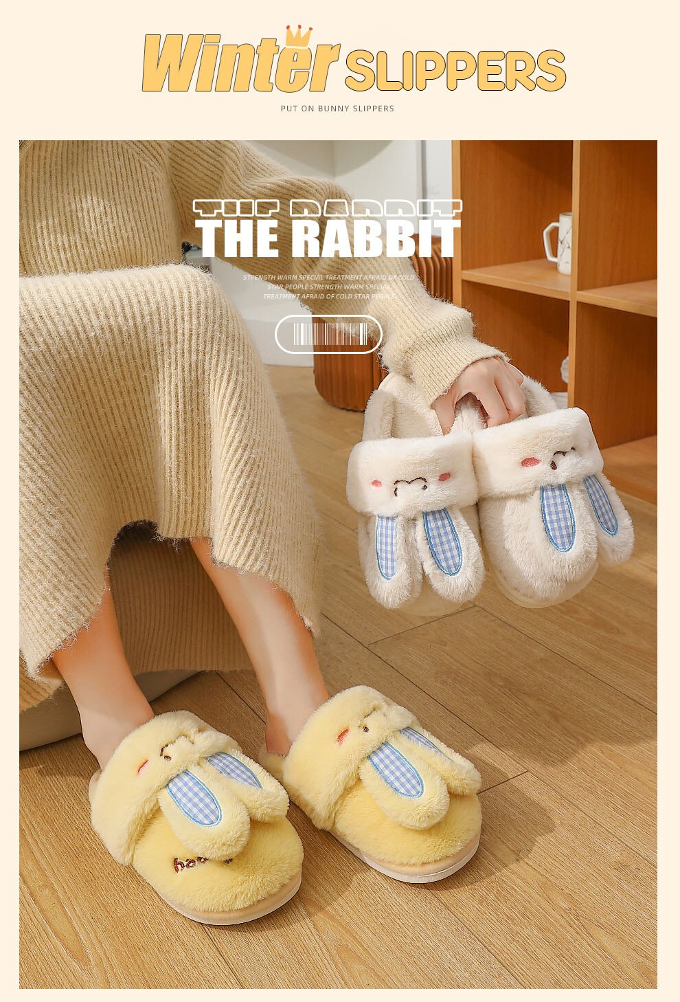 Advbridge Women Home Floor Slippers Cute Cartoon Rabbit Couples Winter Shoes Warm Plush Anti-slip Female Male Indoor Cotton Slides
