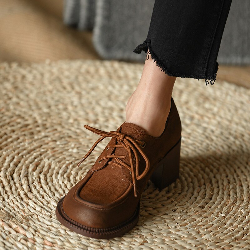 Advbridge Ladies Loafers 5.5 CM Spring Autum Lac-Up Simple Shoes On Thick Square HeelWomen Retro Pump Cowhide Big Toe Pumps British Style
