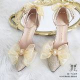 Advbridge French Girl Butterfly Multicolor Lace Bowknot Pearl Sequin Lolita Shoes Pointed Sandals High Heel Victoria Tea Party Cosplay Lol