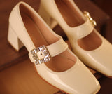 Advbridge Mary Jane Shoes Retro Style High Heel Elegant Women Pumps 6cm Crystal Lady Shoes SquareToe Spring Atumn Real Leather talon femme