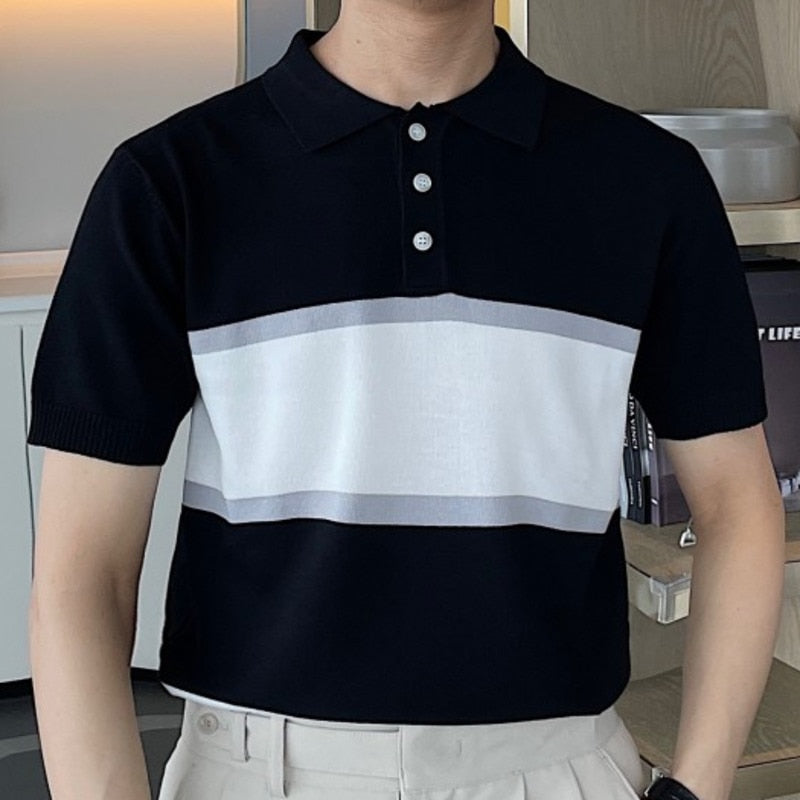 Advbridge Men Breathable High Quality Short Sleeve Knitted Polo Shirt 2023 Summer Office Club Party Contrast  Spliced Color Polo Shirt