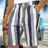 Advbridge Spring Summer Beach Shorts Mens Solid Color Drawstring Tie-up Cotton Linen Pant For Mens Clothing Loose Vintage Stripe Shorts