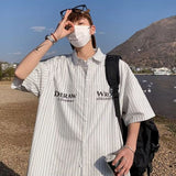 Advbridge Summer Versatile Men's Cool Casual Loose Tess Button T-Shirt Soft Short Sleeve College Style Letters Vertical Stripes Pocket