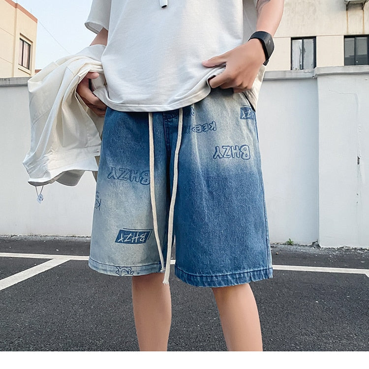 Advbridge Men's Letter Printed Short Jeans Summer New Chic Gradient Loose Denim Shorts Male Straight Short Pants Streetwear Casual Shorts