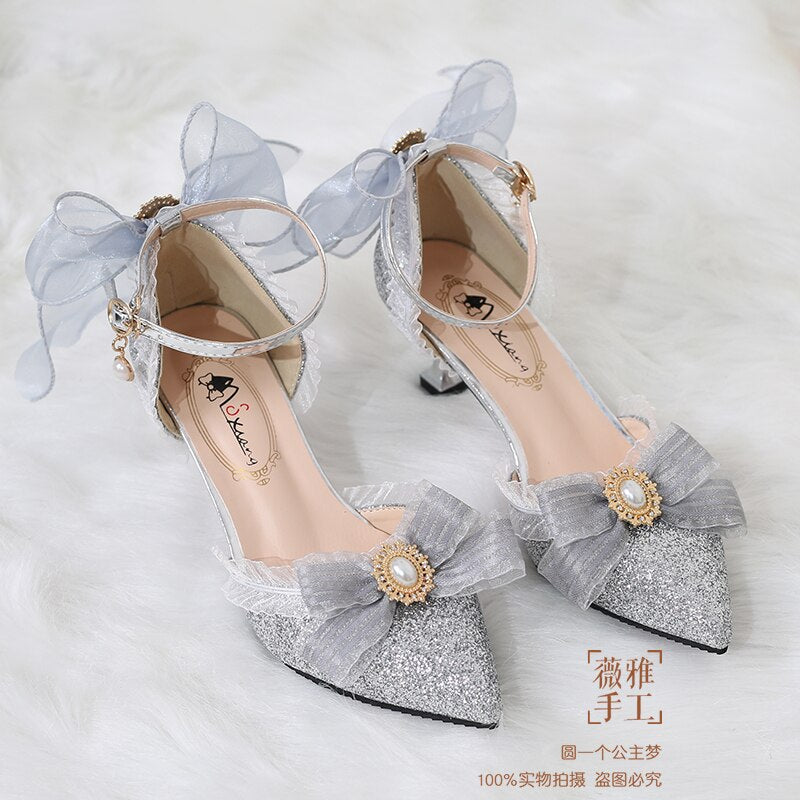 Advbridge Summer Girls Grey Starry Sky Pearl Bowknot Lolita Shoes Sweet Girls Tea Party Victoria Princess Kawaii Loli Cosplay Lolita Shoes