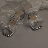 Advbridge Shiny Silver Rhinestone High Heels Temperament Mesh Yarn Pearl Bowknot Sandals 2023 Summer Women's Square Head Chunky Heel Pumps
