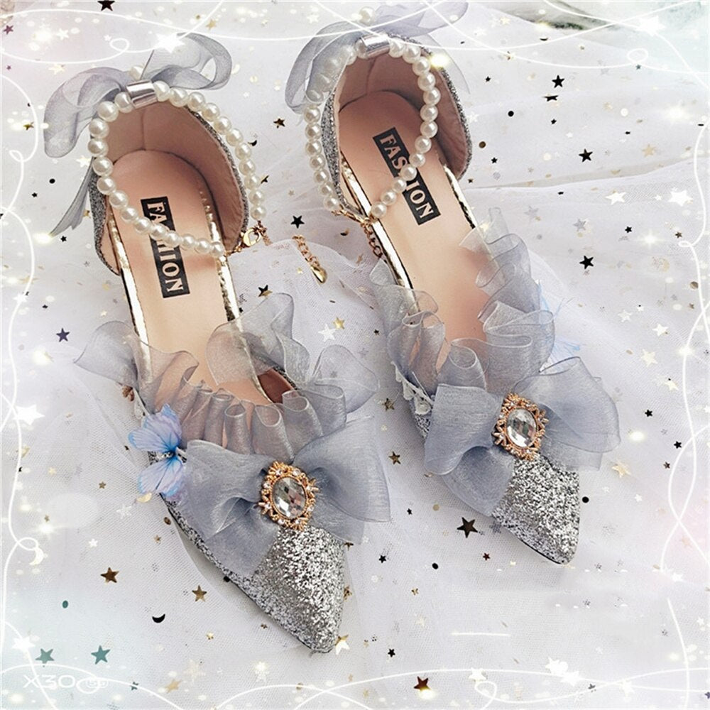 Advbridge Kawaii Girl Tea Party Pointed Sandals Mid Heel Victoria Lolita Shoes Elegant Woman Pearl Chain Lace Bowknot Cosplay Lolita Shoes