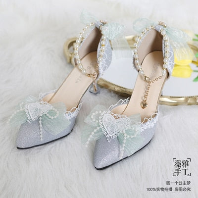 Advbridge Kawaii Girl Tea Party Elegant Pearl Love Lace Bowknot Lolita Shoes Multicolor Exquisite Embroidery Pointed Sandals Cosplay Lolit