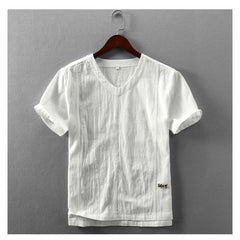 Advbridge Men Big Size Summer Cotton Linen Shirt Short Sleeve Simple Comfortable Thin Loose V-Neck Pullover Shirt New