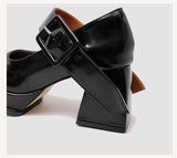 Advbridge Women Patent Leather High Heel Mary Janes Shoes Vintage Buckle Platform Lolita Shoes Ladies Pumps Female Square Toe Casual Shoes