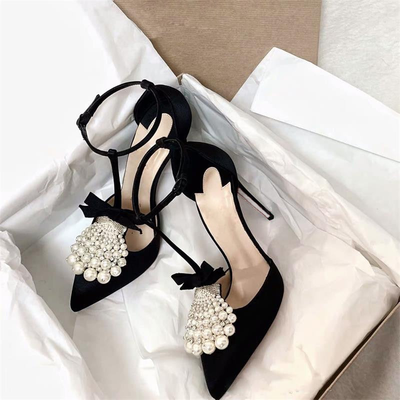 Advbridge Sexy Fan -Shaped Pearl Tassel High Heels Sandals Woman Sexy Black Silk bow T- Strap Pointed Toe Party Dress Shoes