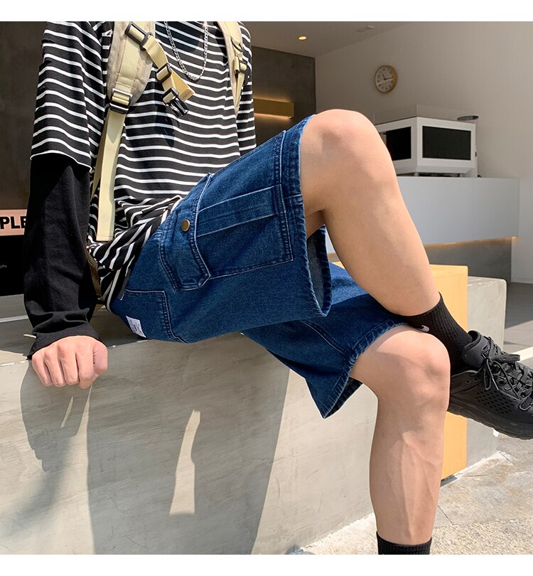 Advbridge Mens Patchwork Color Denim Shorts Streetwear Bermuda Male Multi-Pockets Casual Half Jean Summer Fashion Cargo Shorts Men