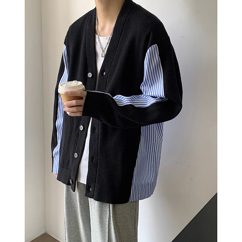 Advbridge High Quality Men's Knitted Sweater Blue Striped Patchwork Loose Casual V-neck Single-breasted Cardigan Coat Autumn New