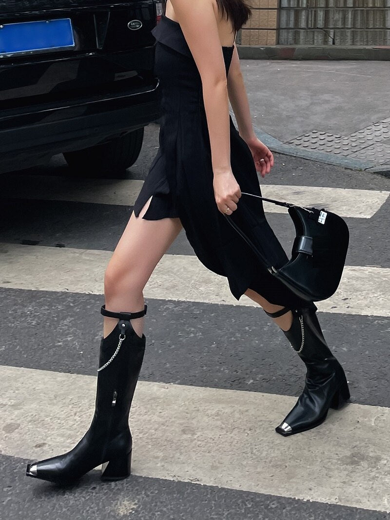 Advbridge Womens Mid Calf Street High Boots Thick Heel 7CM Square Toe Side Zipper Punk Style Shoes Cow Split Leather Chain Boots For Women