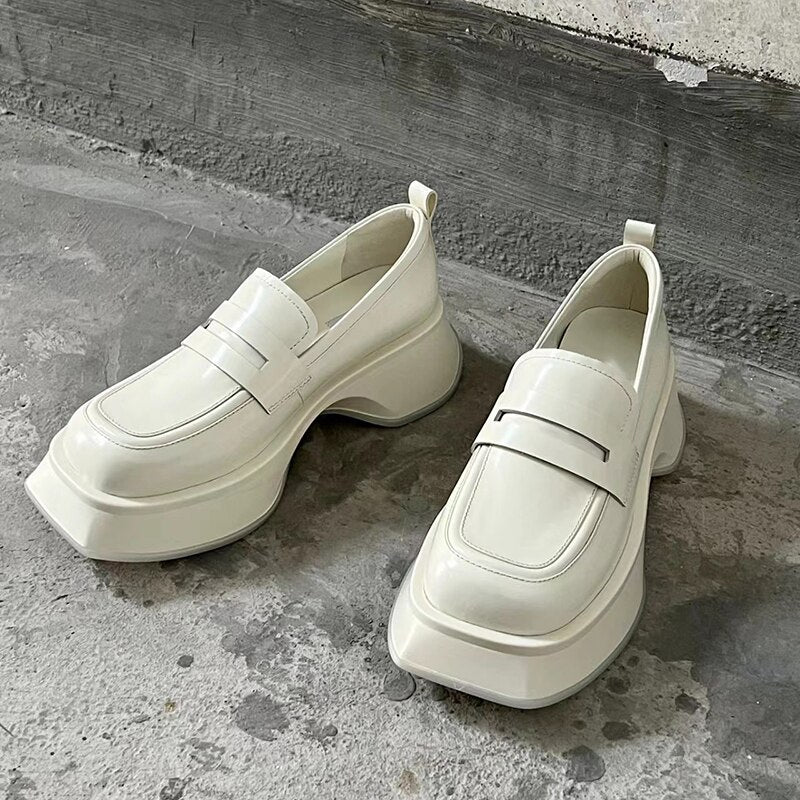 Advbridge British Style Loafers Women's Shoes Autumn Thick-soled Flat Platform Shoes White Leather Slip-on Flats Shoes Single Shoe