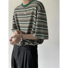Advbridge Summer Men's Korean Loose Stripe Printing T-shirts Short Sleeve Round Neck Tshirt Green/blue Color Clothes T Shirts M-2XL