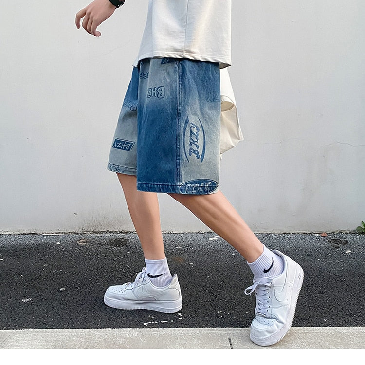 Advbridge Men's Letter Printed Short Jeans Summer New Chic Gradient Loose Denim Shorts Male Straight Short Pants Streetwear Casual Shorts