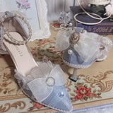 Advbridge Pearl Chain Sweet Lace Bowknot Elegant Princess  Pointed Sandals Lolita Shoes Silver Wedding Tea Party Cosplay Lolita Shoes