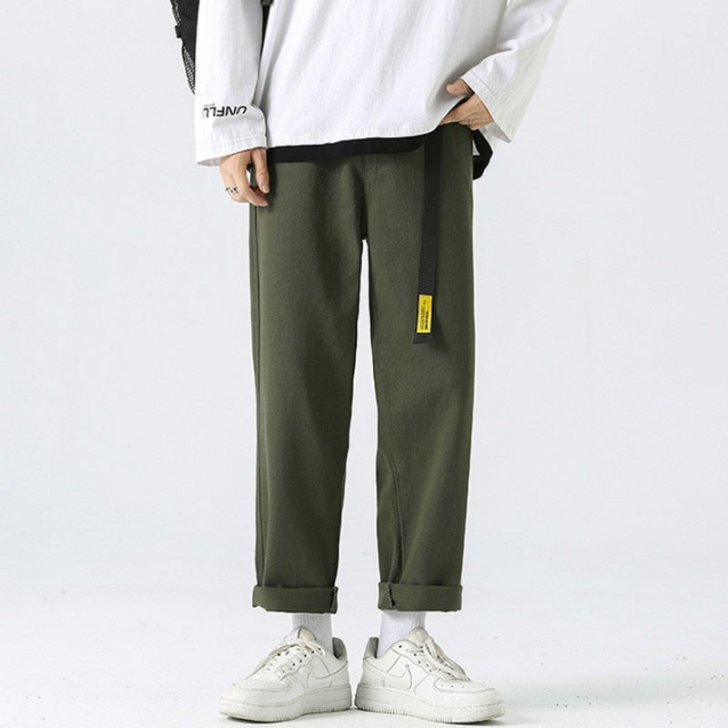 Advbridge Spring Allseason Casual Soft Solid Men's Cool Boys Button Waist Pocket Safari Style Long Patchwork Straight Leg Belt