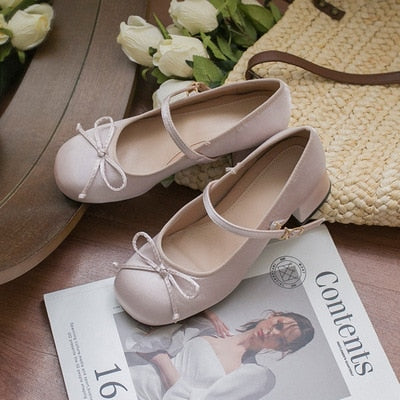 Advbridge Classic Pink Silk Ballet Shoes Buckle Strap Ballet Shoes Women Round Toe Bowtie Women Thick Heel Elegant Valentine Shoes