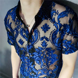 Advbridge Transparent Blue Floral Shirt Masculine Soft Velvet Slim-fit Men's Clothing Nightclub Short-sleeved Sexy Shirt See Through