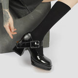 Advbridge Women Patent Leather High Heel Mary Janes Shoes Vintage Buckle Platform Lolita Shoes Ladies Pumps Female Square Toe Casual Shoes