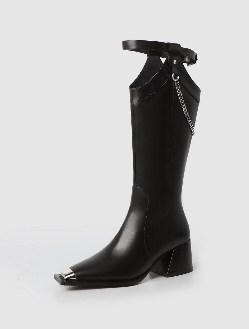 Advbridge Womens Mid Calf Street High Boots Thick Heel 7CM Square Toe Side Zipper Punk Style Shoes Cow Split Leather Chain Boots For Women
