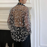 Advbridge Mens Mesh Breathable Daisy Print Long-sleeved Shirt Fashion Loose Lapel Top Abstinence System See-through Sexy Trendy Men's Wear