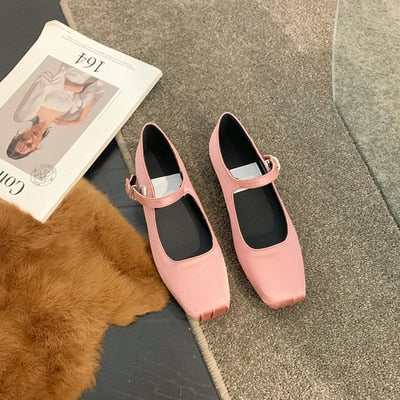 Advbridge 2023 NEW Classic Silk Ballet Shoes Buckle Strap Ballet Shoes Women Square Toe Simple Women Flats Elegant Valentine Shoes