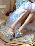 Advbridge Romantic bowtie falbala decor pointed toe  slipper removable gold chains kitten Heels sky blue suede Wedding sandals