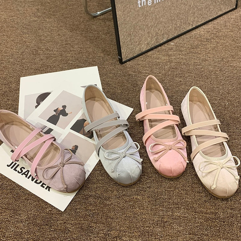 Advbridge 2023 NEW Spring/Autumn Bow Silk Satin Ballet Flats Women Elastic Brand Cross Mary Jane Shoes Round Toe Rhinestones Shoes