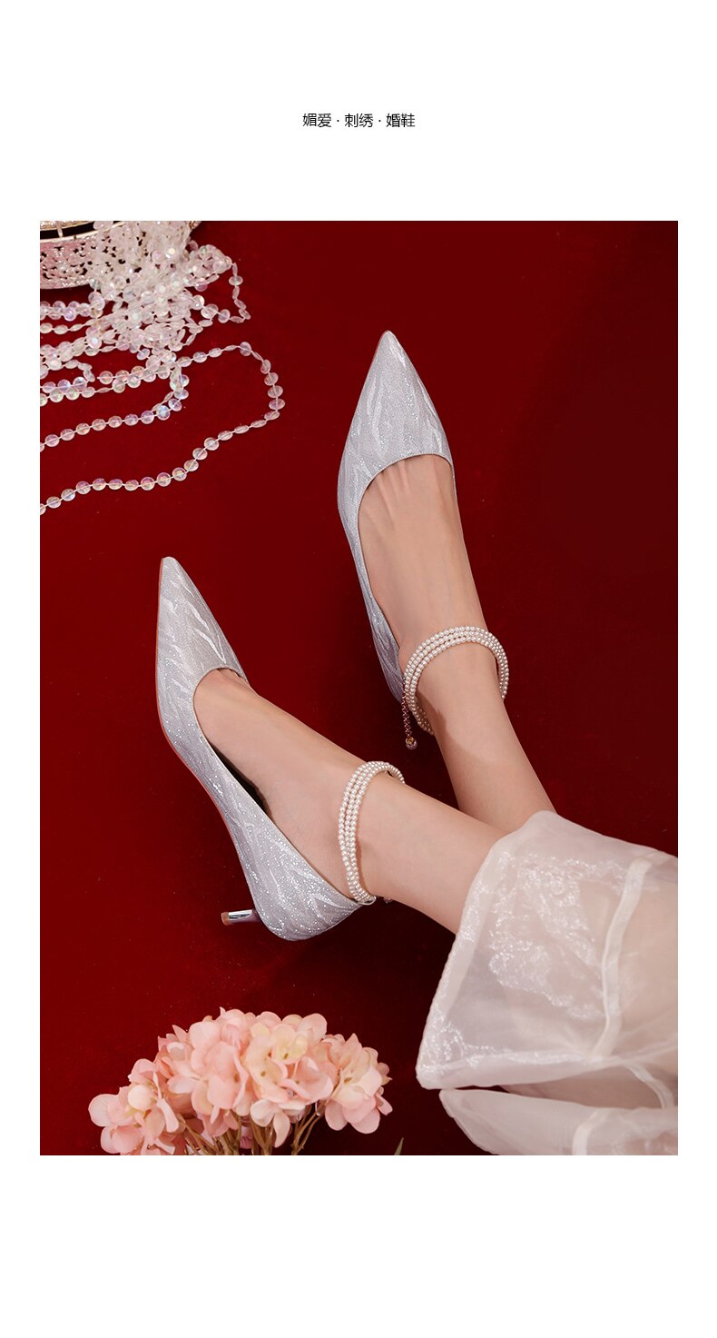 Advbridge Bridal Wedding Bridesmaid Shoes Crystal High Heels Women's Bandage Middle Heel French Wedding Dress Shoes Pearl Single Shoes