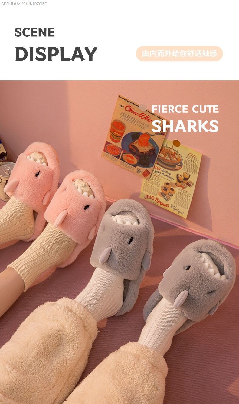 Advbridge Cartoon Miniso Winter Plush Shark Slipper Y2k Girl Fashion Casual Indoor Warm Cute Shoes Women Couple Soft Thick Trendy Shoes