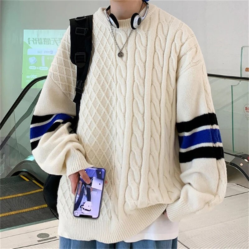 Advbridge New Spring Autumn Men's O-neck Sweaters Fashion Patchwork Youth Chic Pullover Loose Tops Male Knitted Sweater