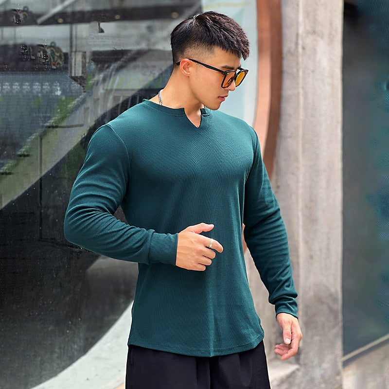 Advbridge Solid Color V-neck Fitness Cotton Long-sleeved Men's High Elastic Slim T-shirt Sports Running Training Quick-drying Tights